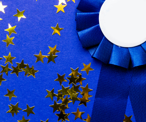 Photo of a badge and paper stars strewn around.