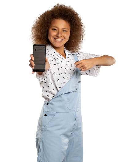 girl holding out a mobile phone and pointing to it