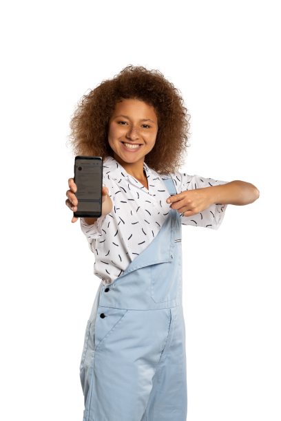 Smiling young woman showing her mobile phone