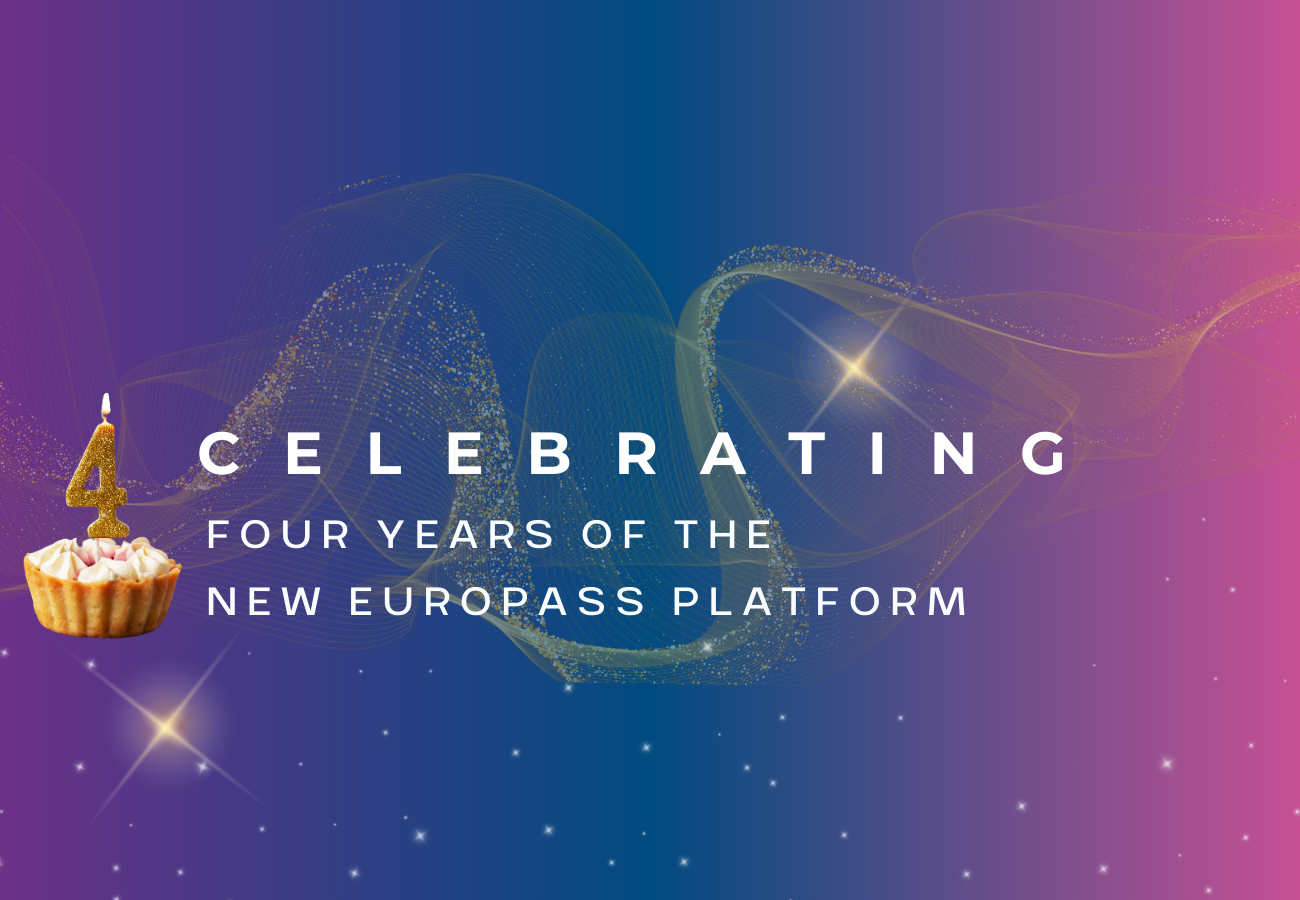 image with decorative sparkles and a cupcake with the number four for the celebration of four years of Europass.